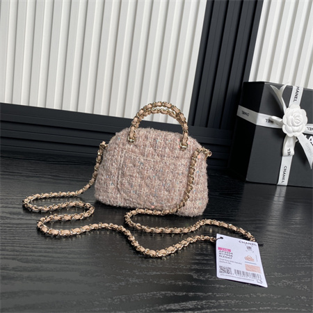 Ch*el clutch with chain cotton, wool tweed, sequins & gold-tone metallight pink ap3355