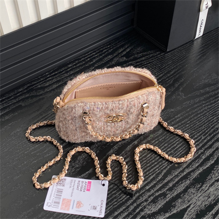 Ch*el clutch with chain cotton, wool tweed, sequins & gold-tone metallight pink ap3355