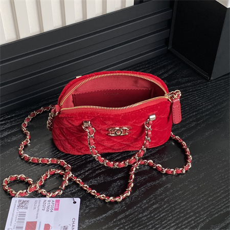 Ch*el clutch with chain woolen fabric gold tone metal red ap3354