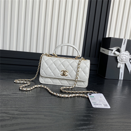 Ch*el clutch with chain lambskin gold tone metal white ap4184