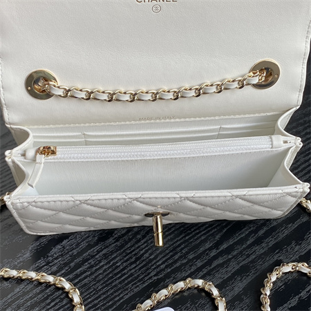 Ch*el clutch with chain lambskin gold tone metal white ap4184