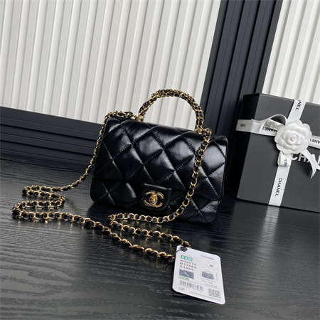 Ch*el mini flap bag with top handle shiny lambskin & gold-tone metal black as5032