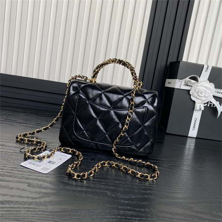Ch*el mini flap bag with top handle shiny lambskin & gold-tone metal black as5032