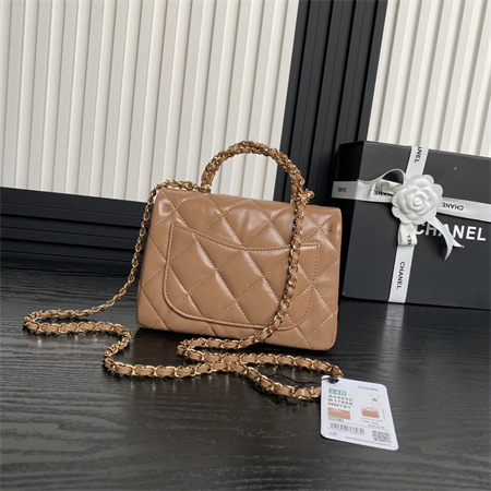 Ch*el mini flap bag with top handle shiny lambskin & gold-tone metal brown as5032