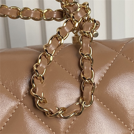 Ch*el mini flap bag with top handle shiny lambskin & gold-tone metal brown as5032