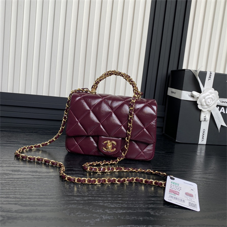 Ch*el mini flap bag with top handle shiny lambskin & gold-tone metal burgundy as5032