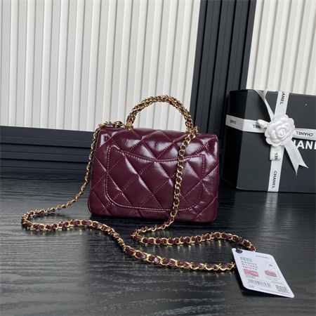 Ch*el mini flap bag with top handle shiny lambskin & gold-tone metal burgundy as5032