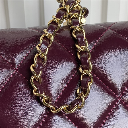 Ch*el mini flap bag with top handle shiny lambskin & gold-tone metal burgundy as5032