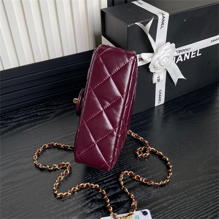 Ch*el mini flap bag with top handle shiny lambskin & gold-tone metal burgundy as5032