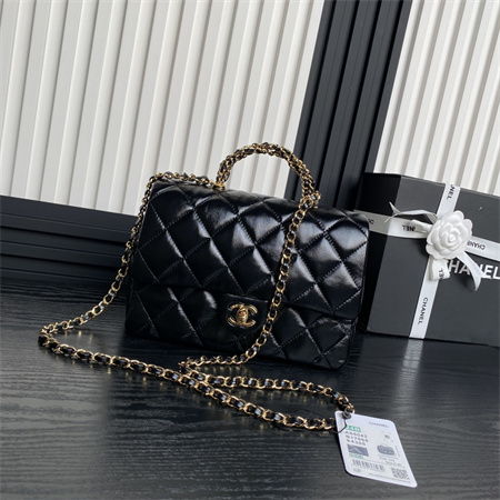 Ch*el mini flap bag with top handle shiny lambskin & gold-tone metal black as5043