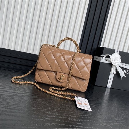 Ch*el mini flap bag with top handle shiny lambskin & gold-tone metal brown as5043