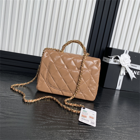 Ch*el mini flap bag with top handle shiny lambskin & gold-tone metal brown as5043