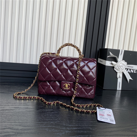 Ch*el mini flap bag with top handle shiny lambskin & gold-tone metal burgundy as5043