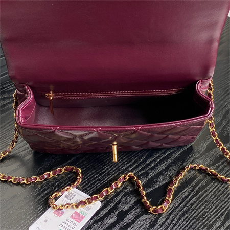 Ch*el mini flap bag with top handle shiny lambskin & gold-tone metal burgundy as5043