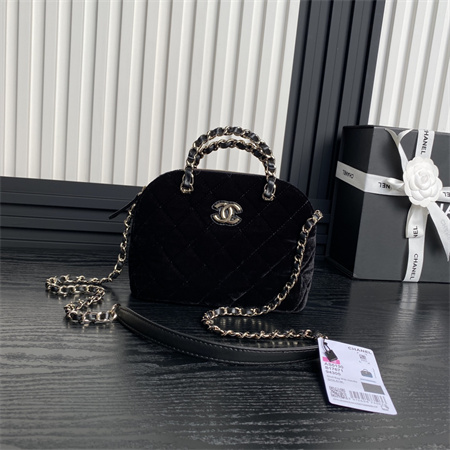 Ch*el small tote woolen fabric gold tone metal black as5130