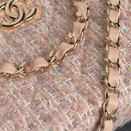 Ch*el small tote cotton, wool tweed, sequins & gold-tone metallight pink as3969