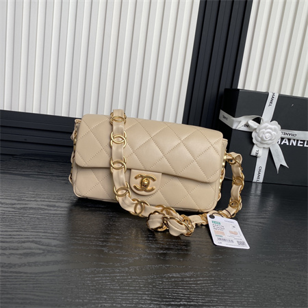 Ch*el flap bag lambskin gold tone metal beige as5176
