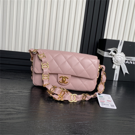 Ch*el flap bag lambskin gold tone metal pink as5176