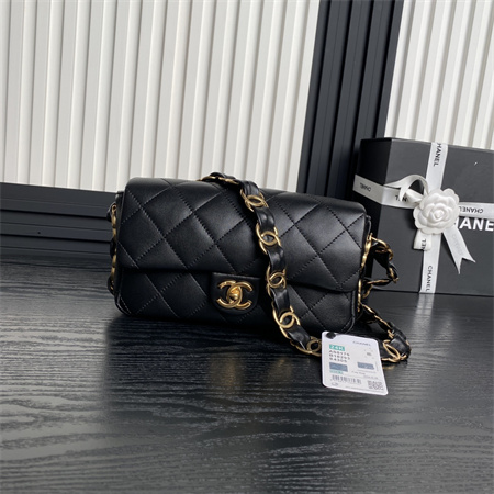 Ch*el flap bag lambskin gold tone metal black as5176