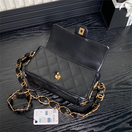 Ch*el flap bag lambskin gold tone metal black as5176