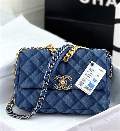 Ch*el 19 bag denim fabric gold tone as1160