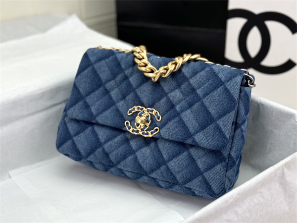 Ch*el 19 bag denim fabric gold tone as1160