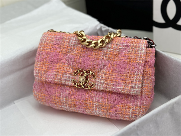 Ch*el 19 bag tweed gold tone pink as1160