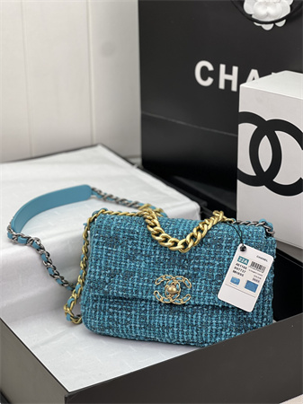 Ch*el 19 bag tweed gold tone blue as1160