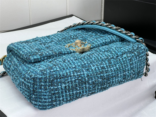 Ch*el 19 bag tweed gold tone blue as1160