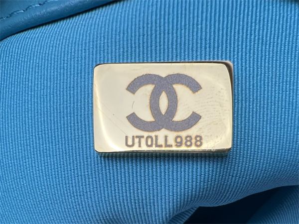 Ch*el 19 bag tweed gold tone blue as1160