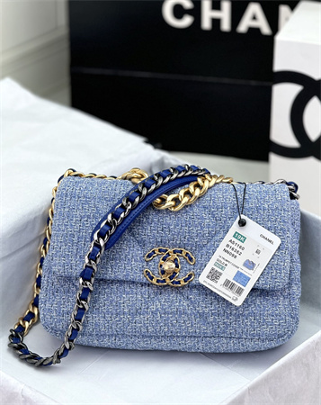 Ch*el 19 bag tweed gold tone blue as1160
