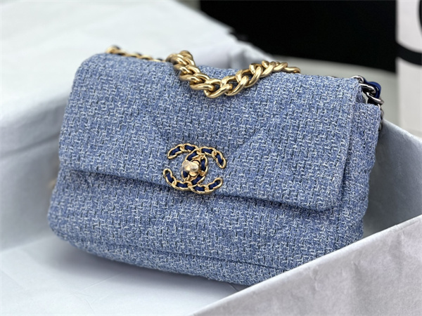 Ch*el 19 bag tweed gold tone blue as1160