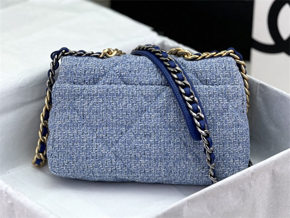 Ch*el 19 bag tweed gold tone blue as1160