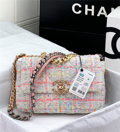 Ch*el 19 bag tweed gold tone multicolor as1160