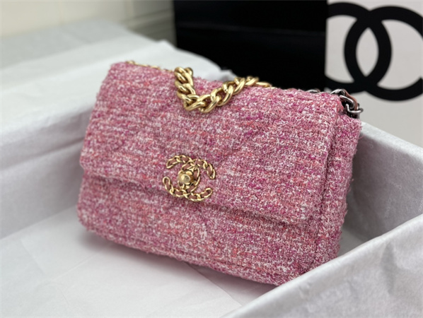 Ch*el 19 bag tweed gold tone pink as1160