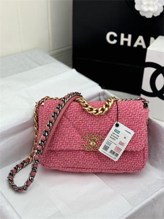 Ch*el 19 bag tweed gold tone pink as1160