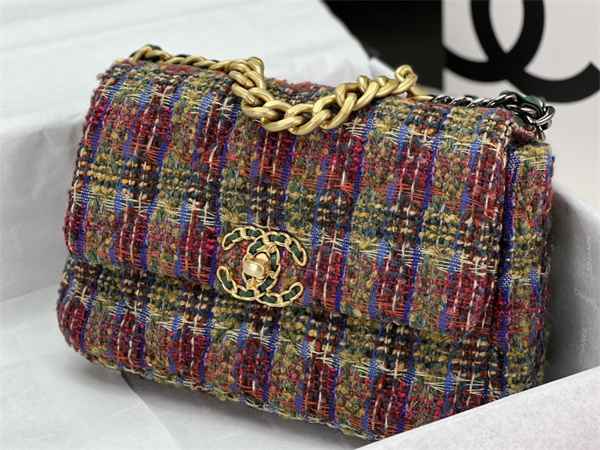 Ch*el 19 bag tweed gold tone multicolor as1160