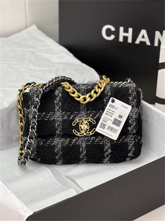Ch*el 19 bag tweed gold tone black/grey as1160