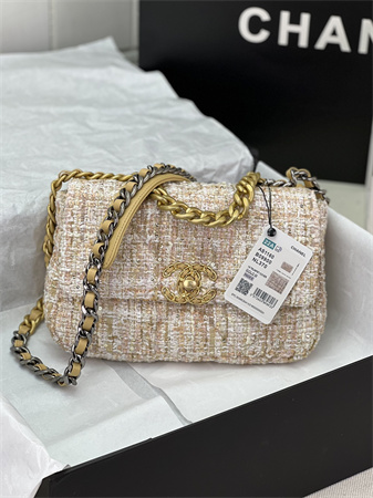 Ch*el 19 bag tweed gold tone beige as1160