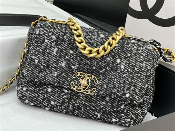 Ch*el 19 bag tweed gold tone black/white as1160