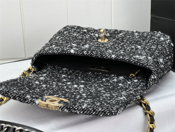 Ch*el 19 bag tweed gold tone black/white as1160