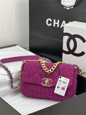 Ch*el 19 bag tweed gold tone fuchsia as1160