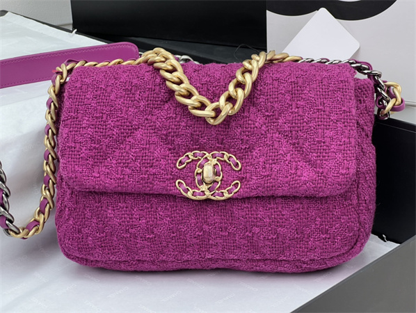 Ch*el 19 bag tweed gold tone fuchsia as1160