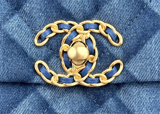 large Ch*el 19 bag denim fabric gold tone as1161