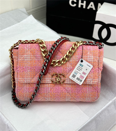 large Ch*el 19 bag tweed gold tone pink as1161