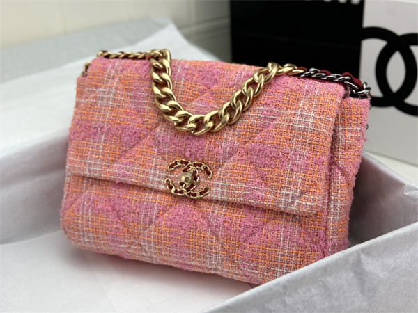 large Ch*el 19 bag tweed gold tone pink as1161