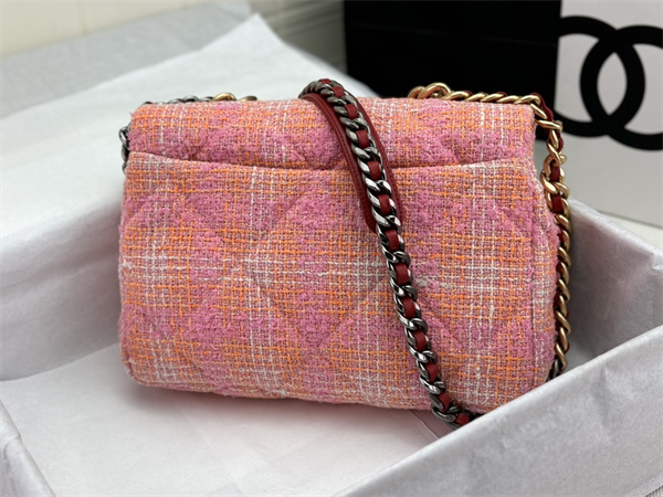 large Ch*el 19 bag tweed gold tone pink as1161