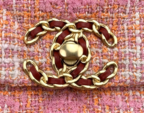 large Ch*el 19 bag tweed gold tone pink as1161