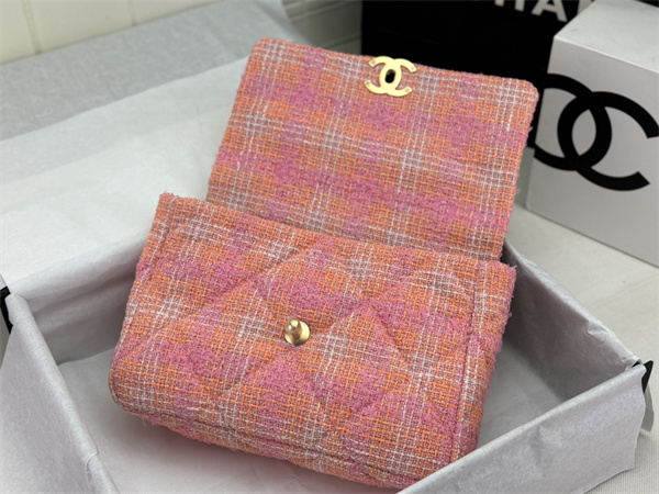 large Ch*el 19 bag tweed gold tone pink as1161