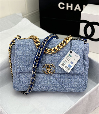 large Ch*el 19 bag tweed gold tone blue as1161